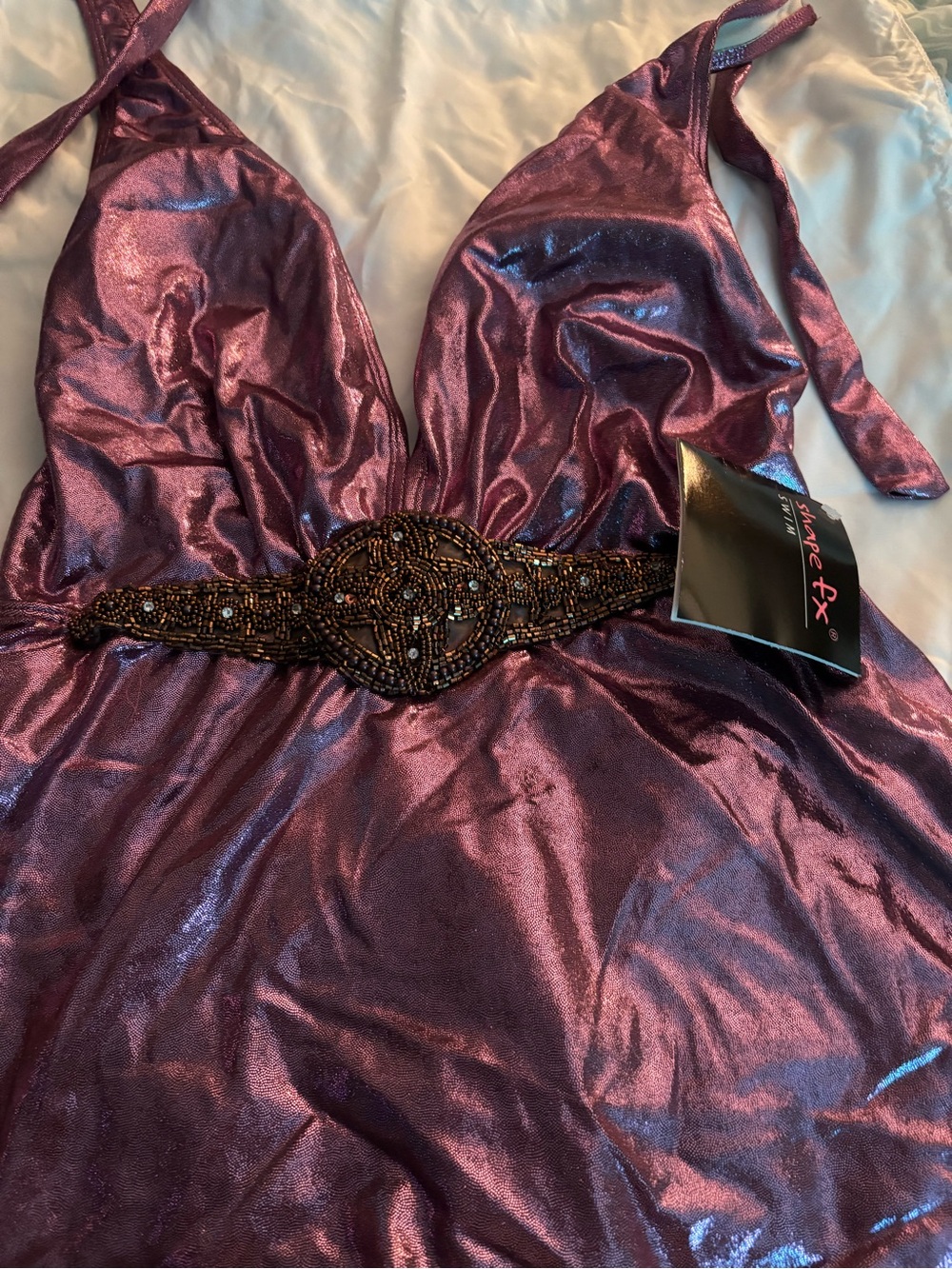 Shape FX- Women's Metallic Plum Swim-dress  with Halter with Beaded Waist